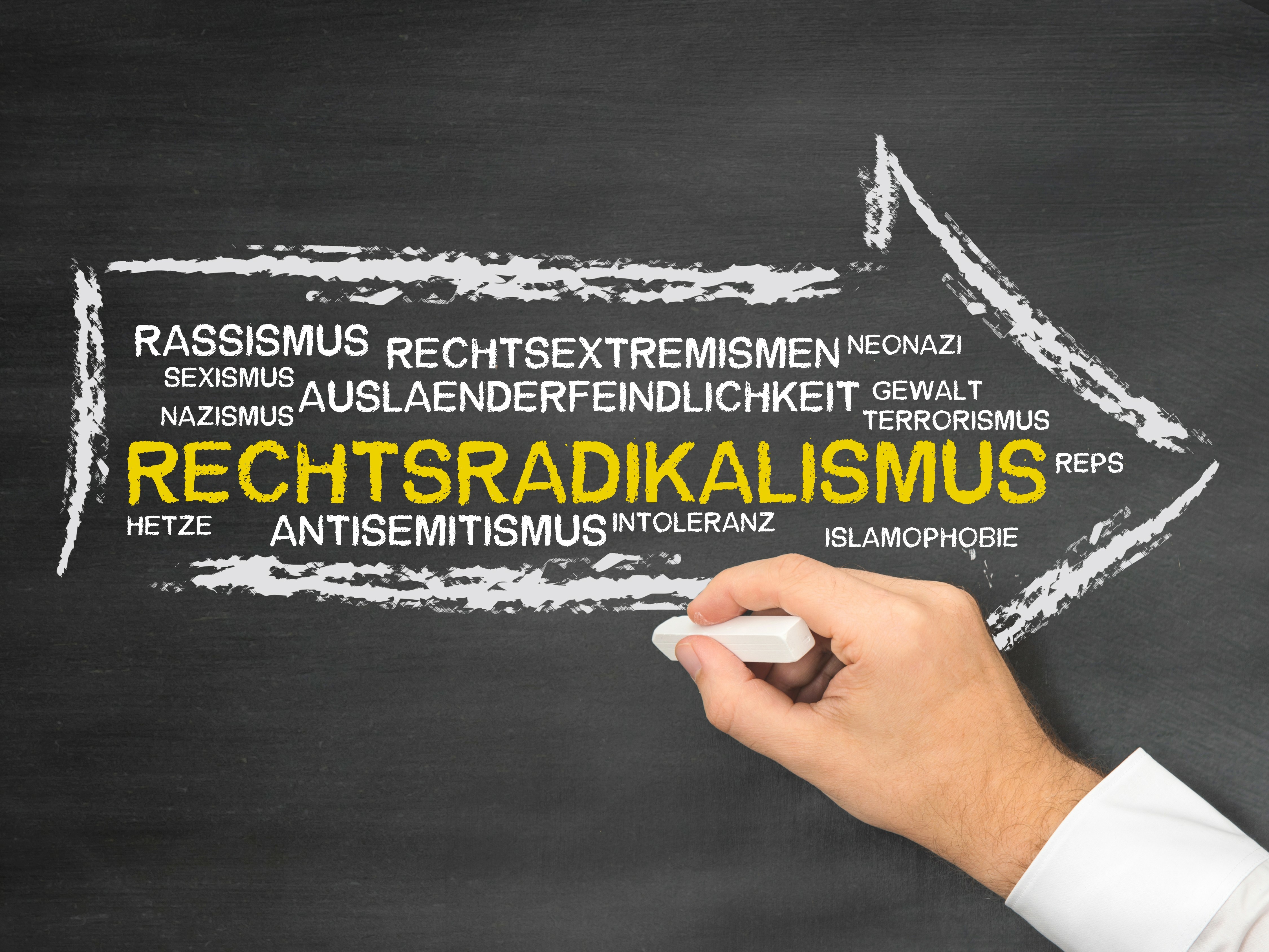 Auf einer Tafel ist ein großer Pfeil aus Kreide. Im Pfeil stehen die Begriffe "Rassismus", "Sexismus", "Nazismus", "Rechtsextremismen", "Ausländerfeindlichkeit", "Neonazis", "Gewalt", "Terrorismus", "REPS", "Hetze", "Antisemitismus", "Intoleranz" und "Islamophobie" in weißer Schrift in verschiedenen Schriftgrößen.  In der Mitte des Pfeils steht der Begriff "Rechtsradikalismus" in größerer, gelber Schrift. Rechts unten ist eine Hand, die ein Stück Kreide hält, zu sehen.